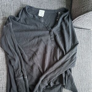 Black Waffle Knit Button-Up Top